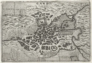 Mapa antiguo "Gandt" (Gante - Bélgica) Francesco Valegio-D. Rascicotti, c.1598 - Imagen 1 de 2