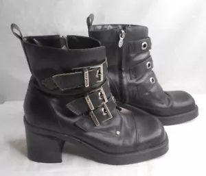 Stivaletti donna Harley Davidson in pelle nera con plateau misura 9M Y2K 3 fibbie - Foto 1 di 6