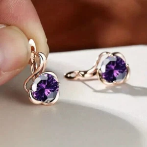1.50Ct Round Cut Created Purple Amethyst Women Hoop Earring 14K Rose Gold Plated - Picture 1 of 3