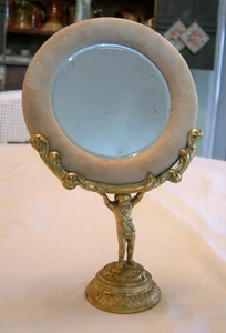 Antique FRENCH ORMOLU CHERUB MIRROR HOLDER w Round Velvet Framed Beveled Mirror  - Picture 1 of 8