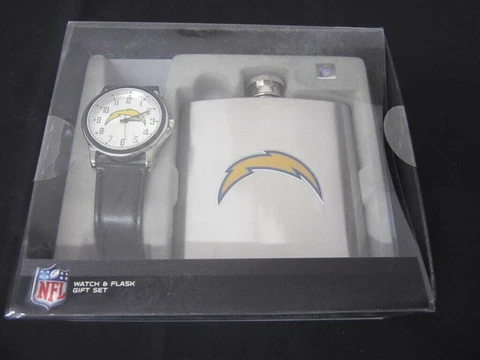 SAN DIEGO CHARGERS Mens WATCH & FLASK Gift SET Stainless Steel New in Box NFL Cover