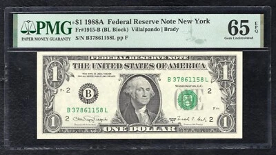 FR. 1915-B 1988-A $1 FRN NEW YORK, NY *RARE B-L BLOCK* GEM UNCIRCULATED-65EPQ. - Image 1 of 2