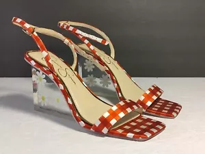 Jessica Simpson Red White Checkered High Heal Show With Daisies - Picture 1 of 11