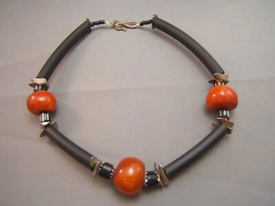 Collar étnico artesanal cuentas de plata de goma ámbar fenólico de vidrio Foto 1 de 4