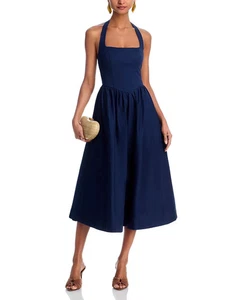 Aqua L111005 Womens Navy Poplin Halter Midi Fit & Flare Dress Size SMALL - Picture 1 of 4