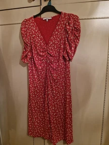 Next - Red floral midi Tea Dress with ruched sleeves & middle - Size 12 - VGC - Picture 1 of 5