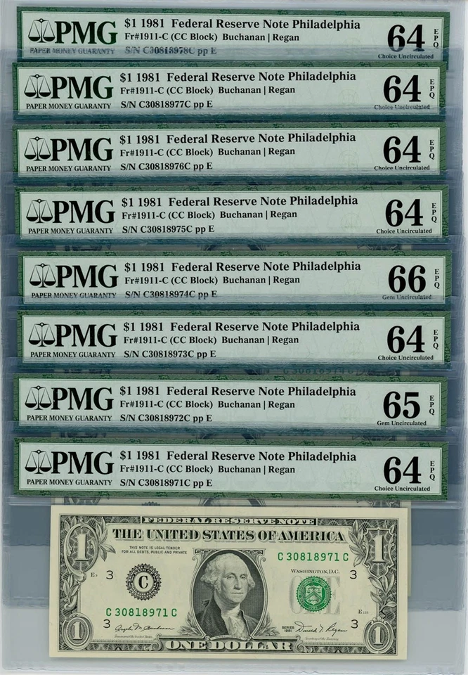 Fr. 1911-C $1 1981 FRN Philadelphia 8 Consec. 64EPQ-65EPQ PMG DC-1865 - Image 1 of 3