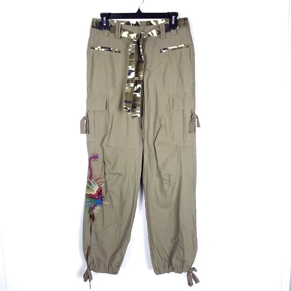 Pantalones informales Buffalo David Bitton Y2K cargo bordados pavo real camuflaje talla 26 Foto 1 de 4