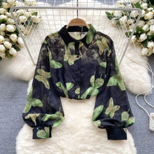 Lady Top Mesh Sheer Blouse Shirt Puff Sleeve Floral Printed Ethnic Casual Retro - Picture 1 of 13