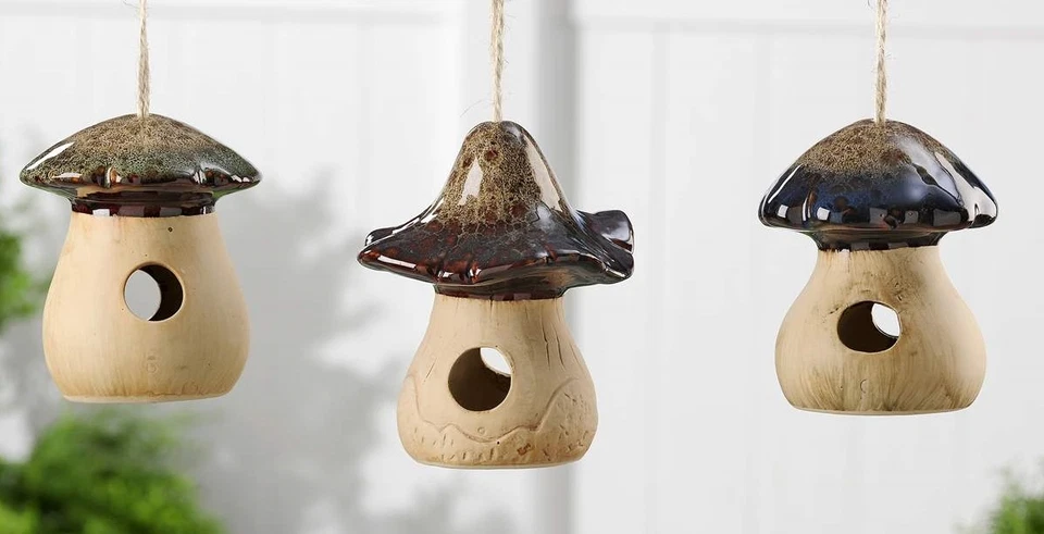 Mushroom Bird House Set of 3 Toadstool Ceramic Hanging Rustic Tan Brown Finish - Изображение 1 из 1