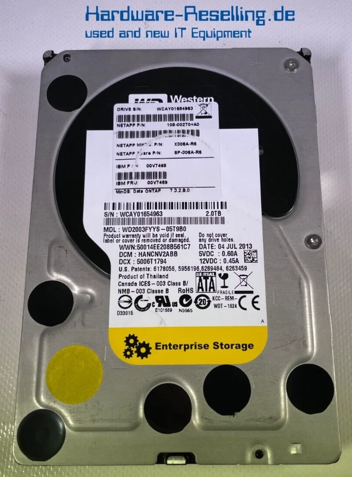 WD NetApp 2TB 3,5" SATA 7.2K WD2003FYYS-05T9B0 108-00270+A0 X306A-R6 00V7468 - Bild 1 von 1