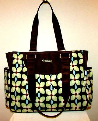 GERBER BROWN WITH FLOWER PRINT COATED CANVAS DIAPER BAG W STAIN RESISTANT LINING - Image 1 of 4