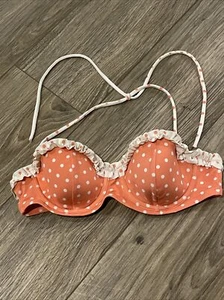 EUC Victoria's Secret Peach Coral Polka Dot Swim Suit Ruffled Bikini Top 34B - Picture 1 of 4