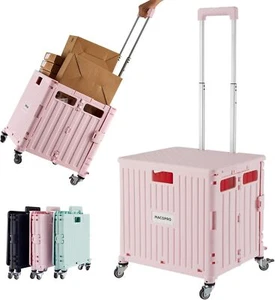 Pink Folding Utility Cart: Portable Rolling Crate Handcart with Lid & Wheels - Picture 1 of 9