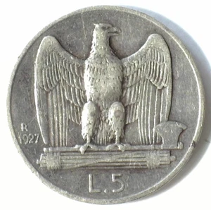 KINGDOM OF ITALY VITTORIO EMANUELE III 1927R SILVER 5 LIRE **FERT** (KM#67.2) VF - Picture 1 of 2
