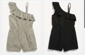 2PK Old Navy Girls Ruffled One-Shoulder Romper Safari Olive Dot Black Small 6/7 - Picture 1 of 4