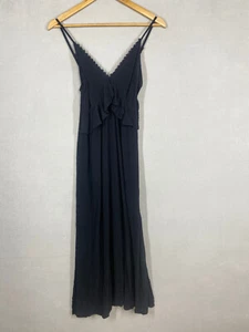 Kivari dress 12 black slip rayon adjustable straps embroidered trim slinky LBD - Picture 1 of 14