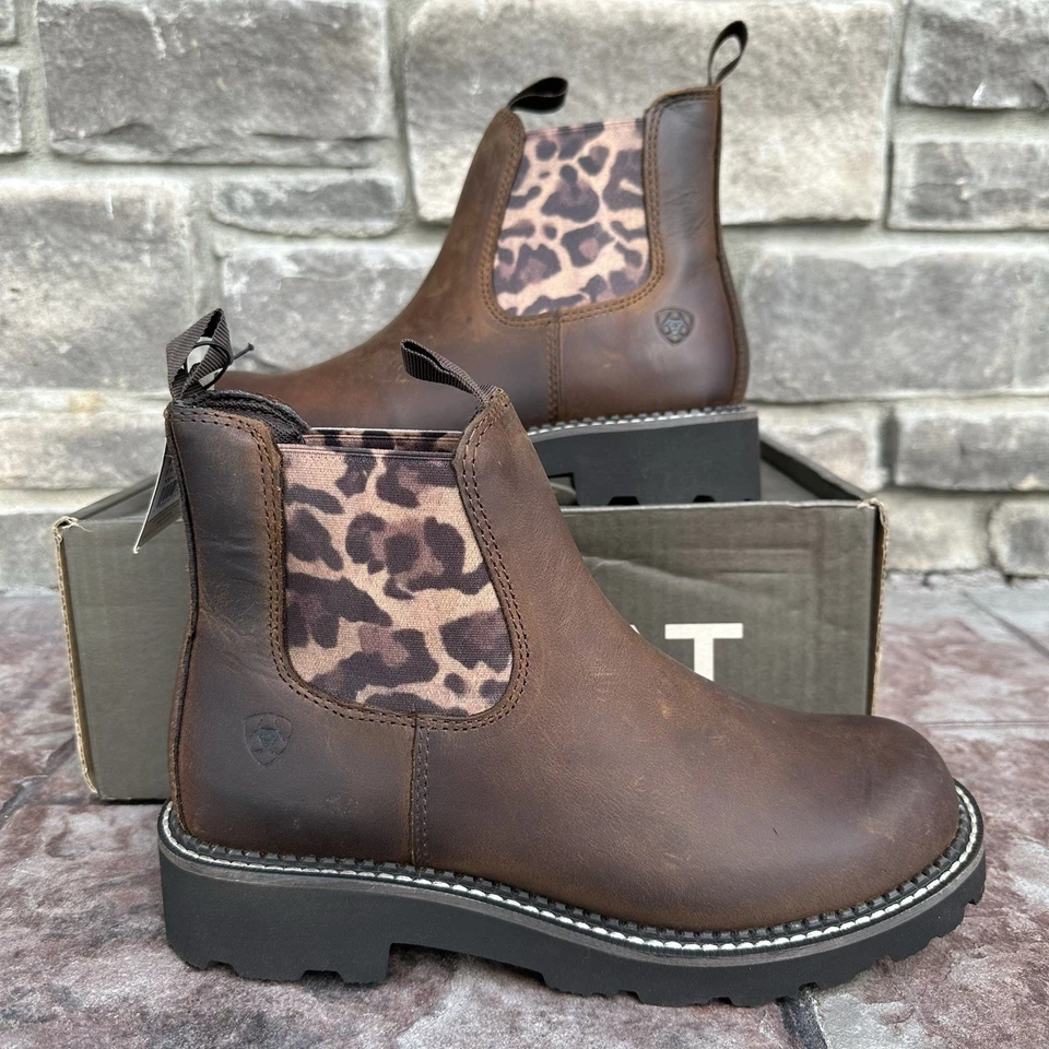 Ariat Ladies Fatbaby Twin Gore Tan & Leopard Ankle Boots 10042418 Size 6.5