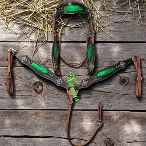 Western Saddle Horse Bling!  Green Leather Tack Set Bridle+Breast Collar - Picture 1 of 2