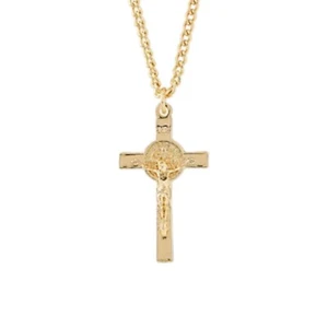 Gold St. Benedict Crucifix Necklace 24" Chain Pendant Religious Protection Gift - Picture 1 of 1