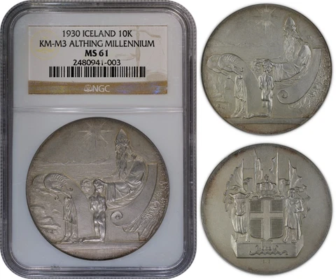 ICELAND 10 KRONUR 1930 ALTHING MILLENIUM SILVER (NGC MS61) *ONLY 10,000 MINTED* Cover