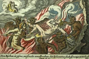 1700 Gravure, nouveau testament L'HOMME RICHE EN ENFER ET LAZARE AU CIEL - Imagen 1 de 4