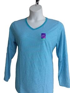 New Just My Size 1X Cotton Blend 50/50 L/S V Neck Aqua Striped Tee Top - Picture 1 of 2
