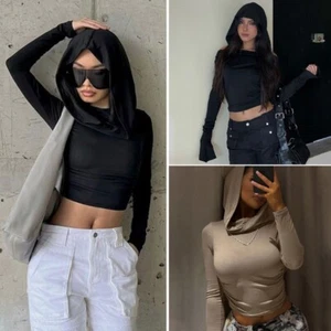 Casual Bare Shoulder Long Sleeve Crop Top with Hooded Cowl Neck Ruched T-Shirt - Picture 1 of 17
