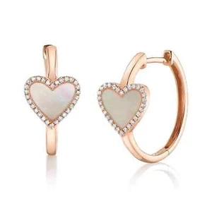 14K Rose Gold Diamond Mother of Pearl Heart Hoop Earrings 1.31 CTW Natural - Picture 1 of 5