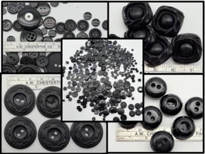 LOT Vintage Black Celluloid Carved Geometric Glass Bakelite Sewing Buttons 1 lb - Picture 1 of 15
