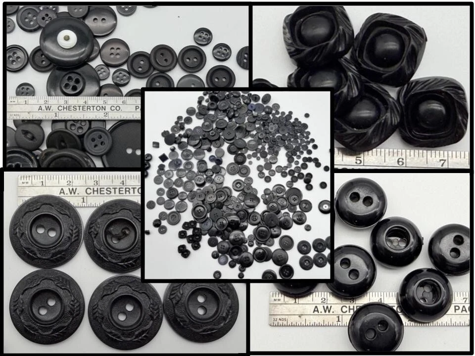 LOT Vintage Black Celluloid Carved Geometric Glass Bakelite Sewing Buttons 1 lb - Image 1 of 4