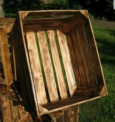 BURNT WOOD VINTAGE STYLE WOODEN APPLE CRATE STORAGE BOX FRUIT CRATES BUSHEL  - Image 1 of 4