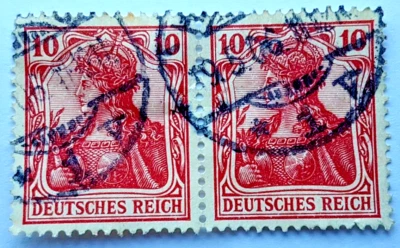 Rare Block of Two, 10 Pfennigs Red Germania 1906 stamp, Hand stamped 19.05.1906 - Image 1 of 4