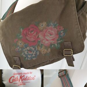Rare Cath Kidston Khaki Cross Body Messenger Bag Cotton Canvas Floral Motif