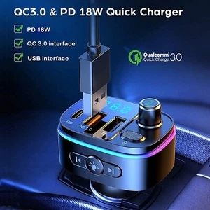 Bluetooth 5.0 FM Transmitter for Car, 3 USB Ports Fast Charger with QC3.0 18W - Picture 1 of 8