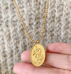 Gold Plated Titanium Stainless Steel Daffodil Flower Gold Coin Necklace 19-21" - Picture 1 of 8