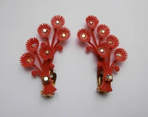BN Vintage 1950's Red Flower Posy AB Crystal Trim Clip-on Earrings Deadstock - Picture 1 of 3