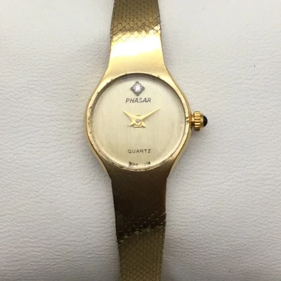 Vintage Phasar Watch Womens 16mm Gold Tone Crystals Round Dial New Battery 6" - Изображение 1 из 4