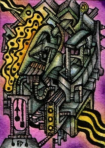 ACEO ORIGINAL ARTWORK Outsider Abstract Art - Ink Watercolor - THE ENGINE - Picture 1 of 4