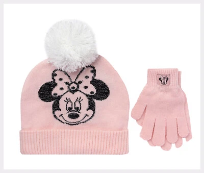 NUEVO CON ETIQUETAS DISNEY MINNIE MOUSE 🎀 Conjunto de gorro y guantes Pom Pom 🎀 Rosa rubor edades 3-7  Foto 1 de 2