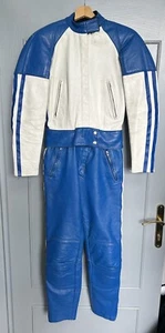 1970s Vintage Men’s White Blue Leather Jacket Suit Trousers Biker Motorcycle 38 - Picture 1 of 6