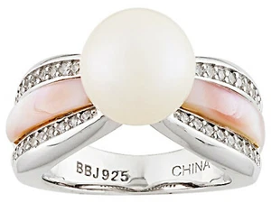8.65mm Cultured Freshwater Pearl, Mother-Of-Pearl, Zircon Rhodium over S/S Ring - Picture 1 of 4