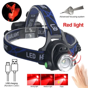 Red LED Headlamp Zoom Head Torch USB Charging Hunting Flashlight Sensor Headlamp - Picture 1 of 10