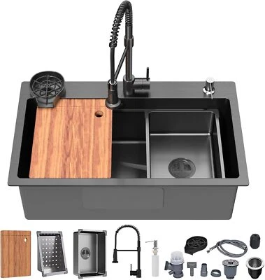 KOXKING Black Drop-in Kitchen Bar Sink 29.5"x 18in Top-Mount Single Bowl Stainless Steel