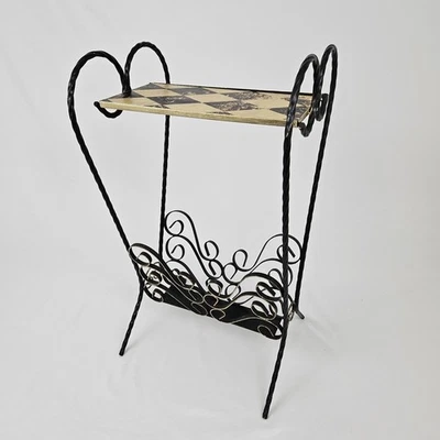 Vintage Mackenzie Childs Inspired Harlequin Table Plant Stand w/ Magazine Rack - Image 1 of 4
