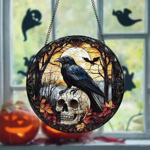 Halloween Cuervo Vitral Atrapasol Decoración, Espeluznante Halloween Ventana Colgante - Imagen 1 de 7