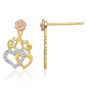 14K Solid Two Tone Gold Heart Rose Flower Dangle Earrings - Picture 1 of 11