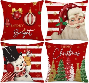 Christmas Decorations Pillow Covers 18X18 Set of 4 Red Stripes Santa Snowman - Picture 1 of 12