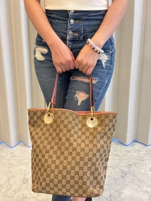 GUCCI GG Canvas Tote Bag Pink Leather Trim Monogram Handbag Made in Italy - Image 1 of 4