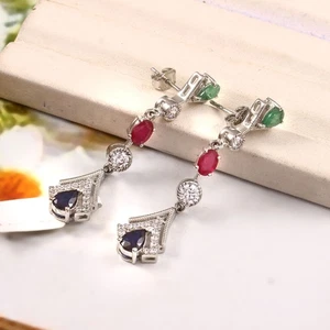 Emerald Ruby and Blue Sapphire Long Dangle Earrings 925 Silver Wedding Earrings - Picture 1 of 7